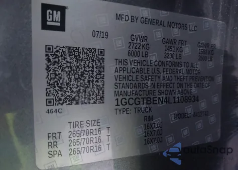 2020 Chevrolet Colorado 4Wd Long Box Wt z USA, uszkodzony, nr VIN 1GCGTBEN4L1108934